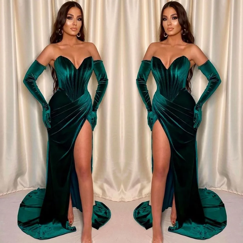 Front Split Dark Green Mermaid V Neck Evening Dress With Sleeveless Ballbellas 1300