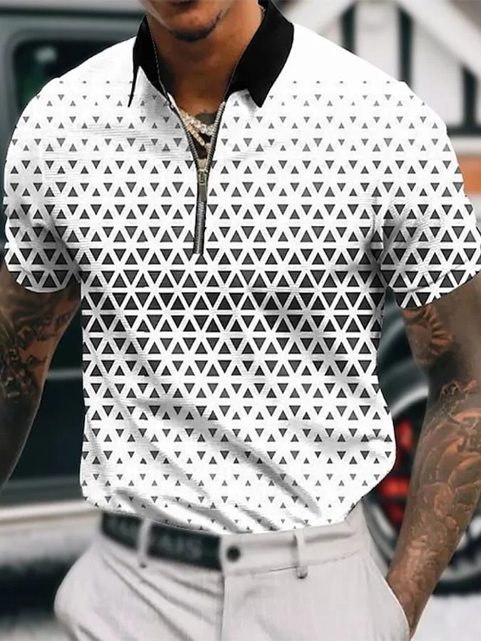 Geometric Print Lapel Zipper Pullover Casual POLO Shirt