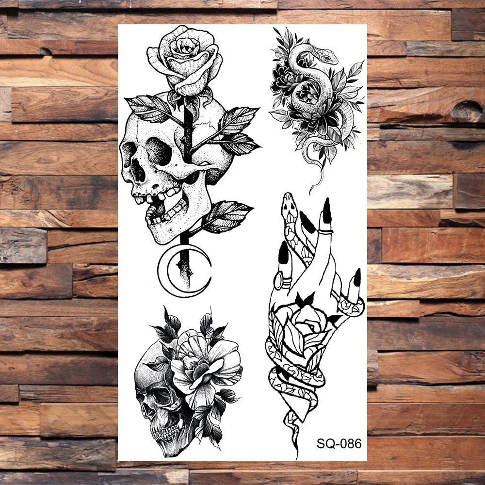 Skeleton Skull Temporary Tattoos For Women Adults Realistic Wolf Snake Rose Flower Feather Fake Tattoo Sticker Back Tatoos Body
