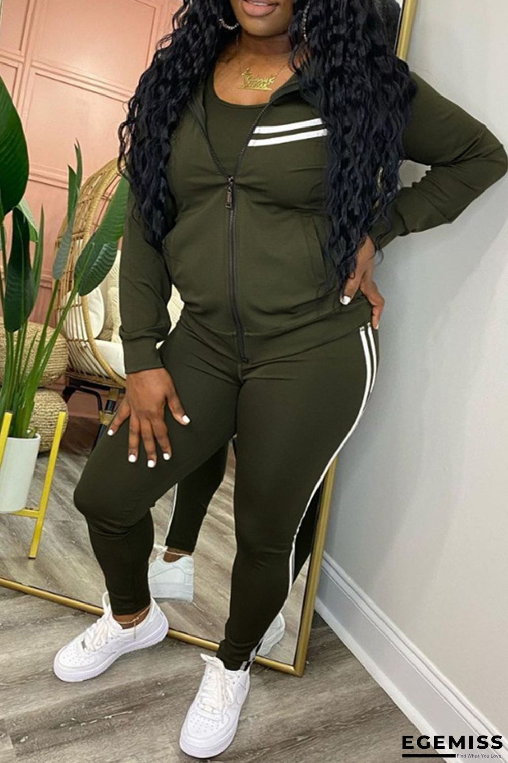 Army Green Fashion Casual Striped Patchwork Zipper Collar Long Sleeve Two Pieces | EGEMISS