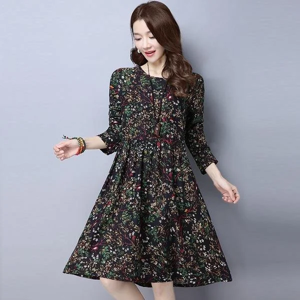 omychic plus size cotton linen vintage floral women casual loose midi autumn spring dress elegant clothes 2020 ladies dress