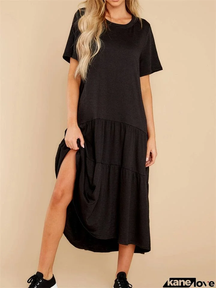 Comfortable Knitted Solid Color Mid-Waist Short-Sleeved Dress