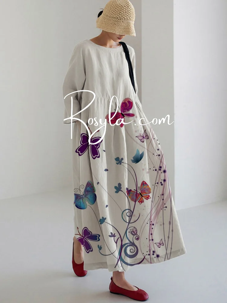 Women's Leisure Butterfly Print Long Sleeve Midi Dress