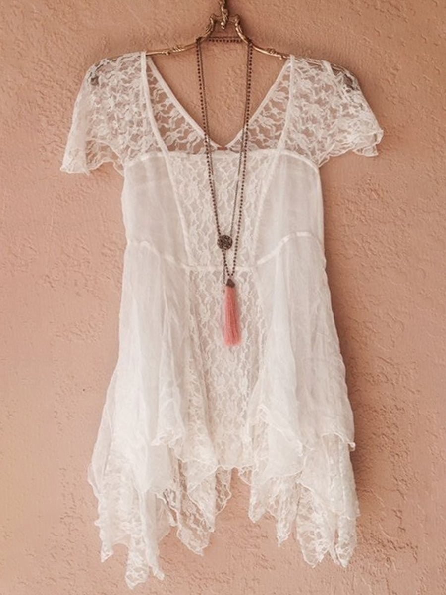 Women's Lace Stitching Asymmetrical Hem Square Collar Casual Linen Top