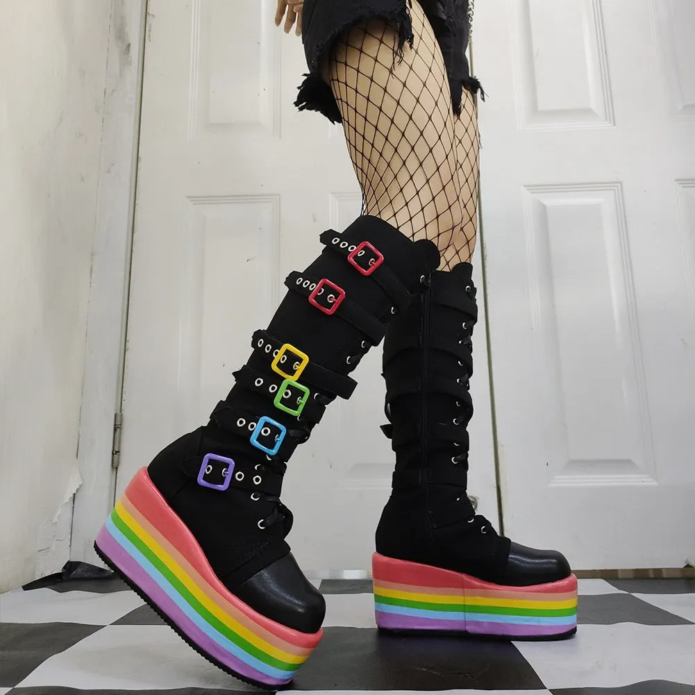 BONJOMARISA New Arrivals Punk Platform Cool Chunky High Wedges Mid Calf Boots Autumn Buckle Trendy Multicolor Party Cos Shoes