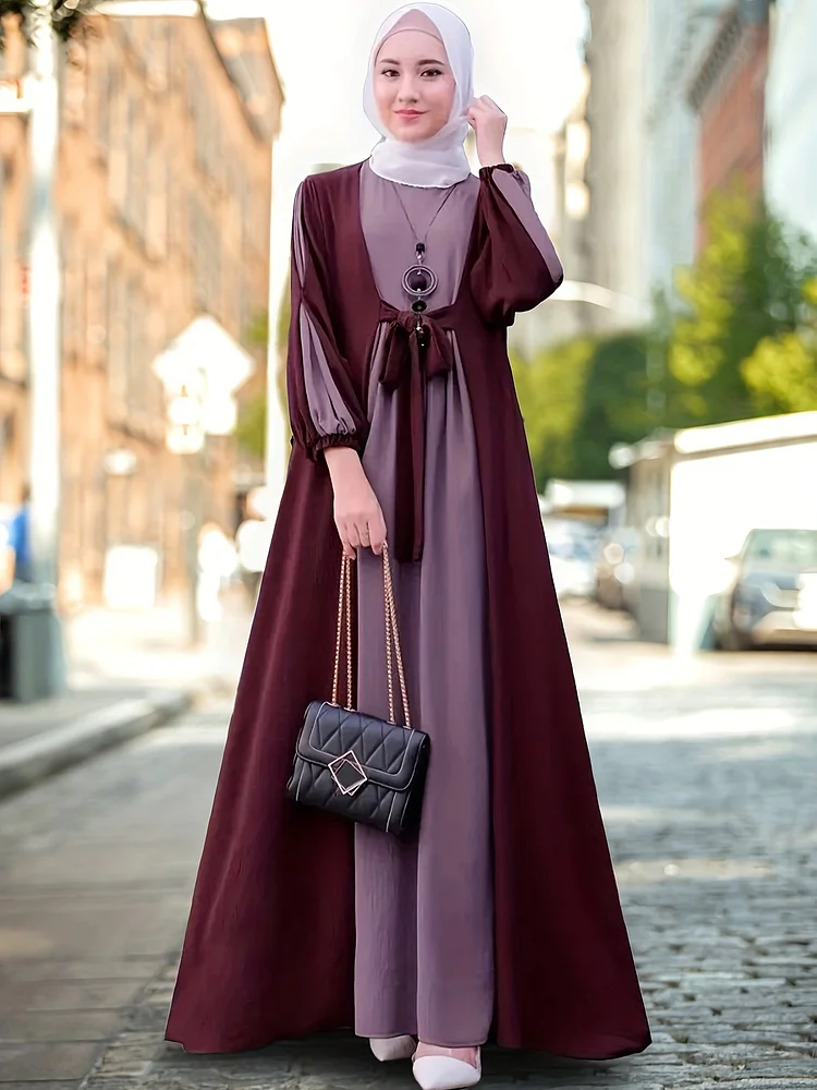 Ramadan Elegant Tie Front Kaftan Dress - Abayas With Long Sleeve, Maxi Length, Color Block Design, Women's Clothing For Special Occasions - Classic, Modest, And Chic Fashion