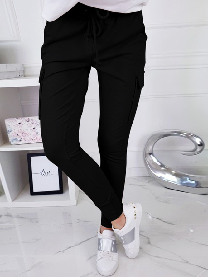 Solid Cotton-Blend Pockets Casual Pants