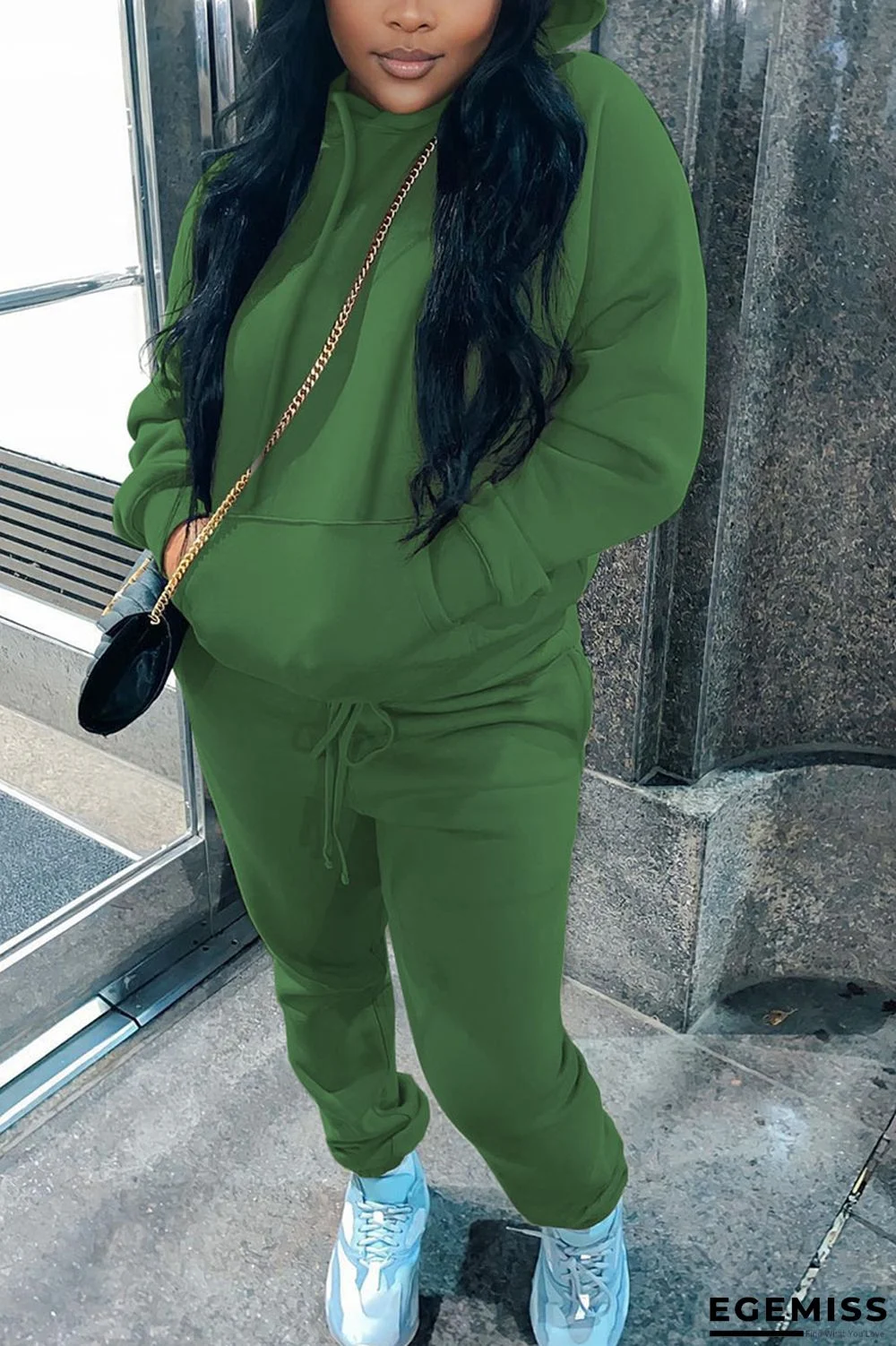 Green Casual Solid Patchwork Hooded Collar Long Sleeve Two Pieces | EGEMISS