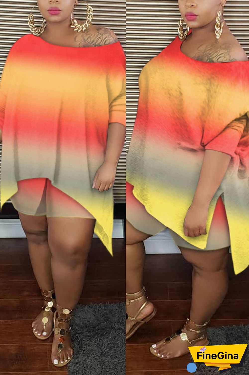 Casual Oblique Collar Print Plus Size Set