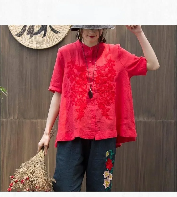 Loose Cotton Embroidered Short Sleeve Stand Collar Shirt