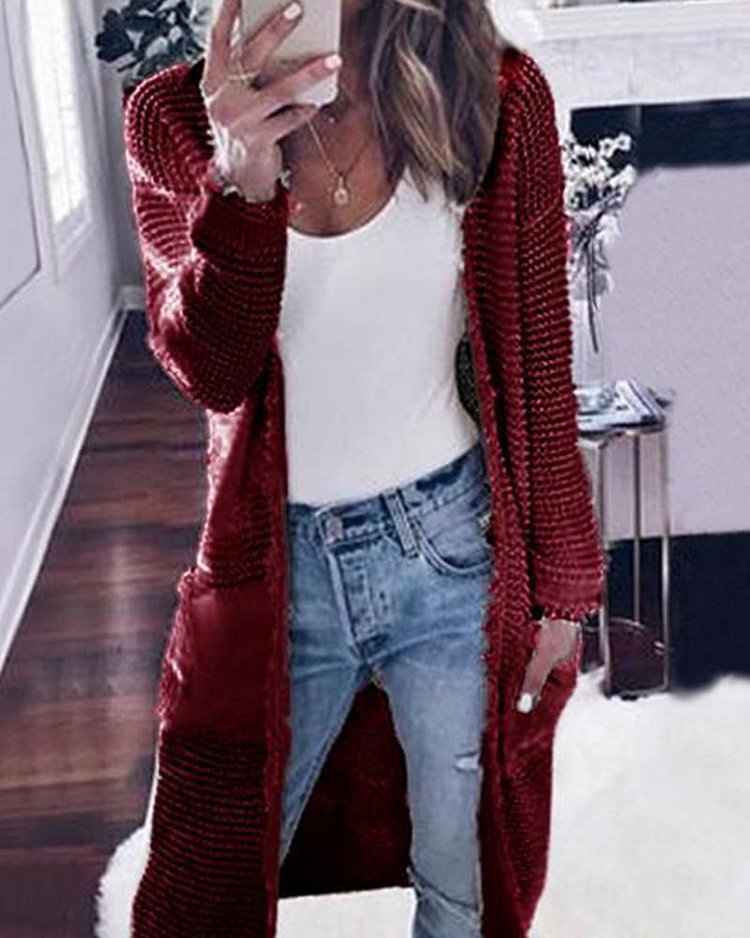 Long Sleeve Solid Color Cardigan Casual Knit Sweater Jacket P13334