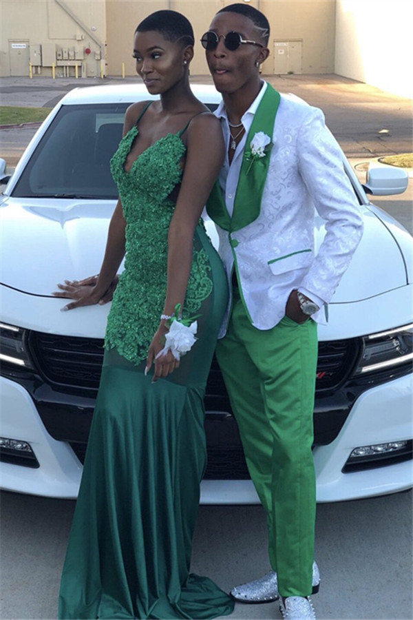 Bellasprom Fashion Green Lapel One Button Custom Suits for Prom With White Jacquard Bellasprom