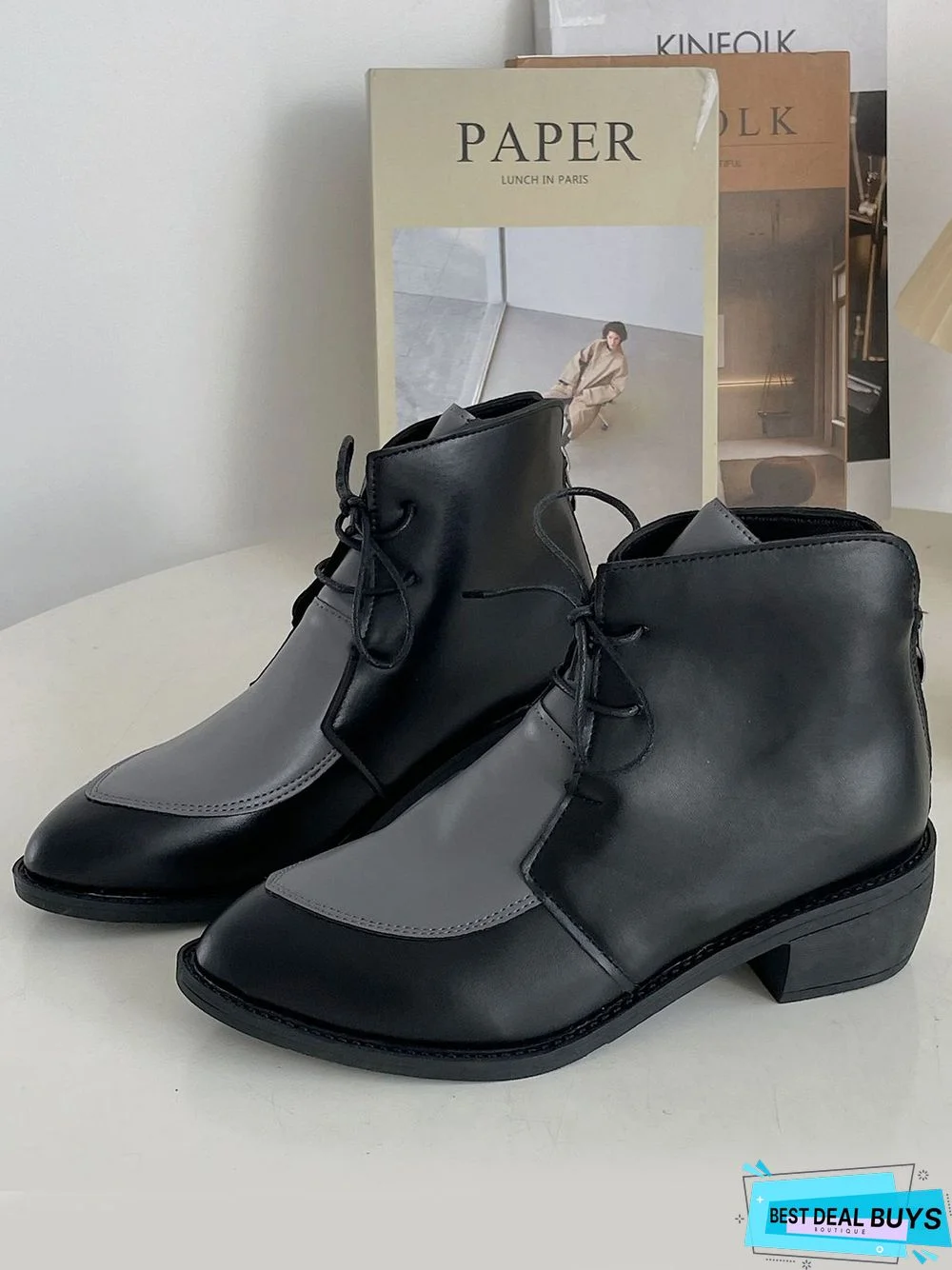 Comfortable Soft Leather Colorblock Lace-Up Pointed Toe Chukkas Booties