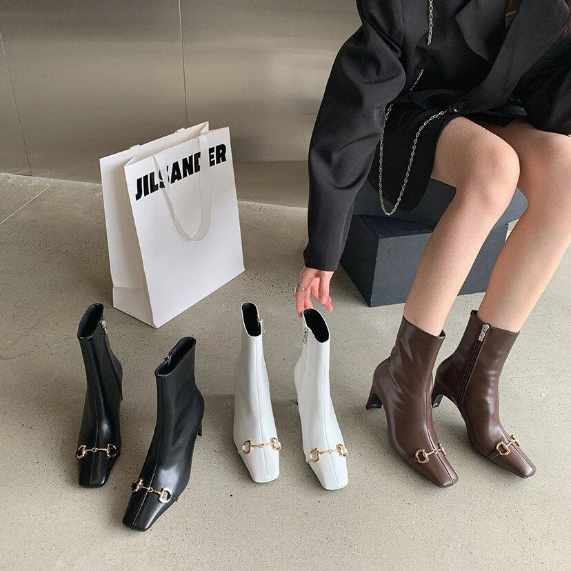 2021 Autumn Winter New Horsebit Square Head Women's Straight Boots Female South Short Boots Thick Heel High Heels Martin Boots
