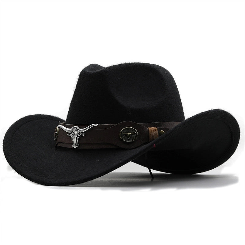 Simple Brim Hat Woolen Jazz Hat British Style Top Hat Cow Head Belt Solid Color Western Cowboy Hat