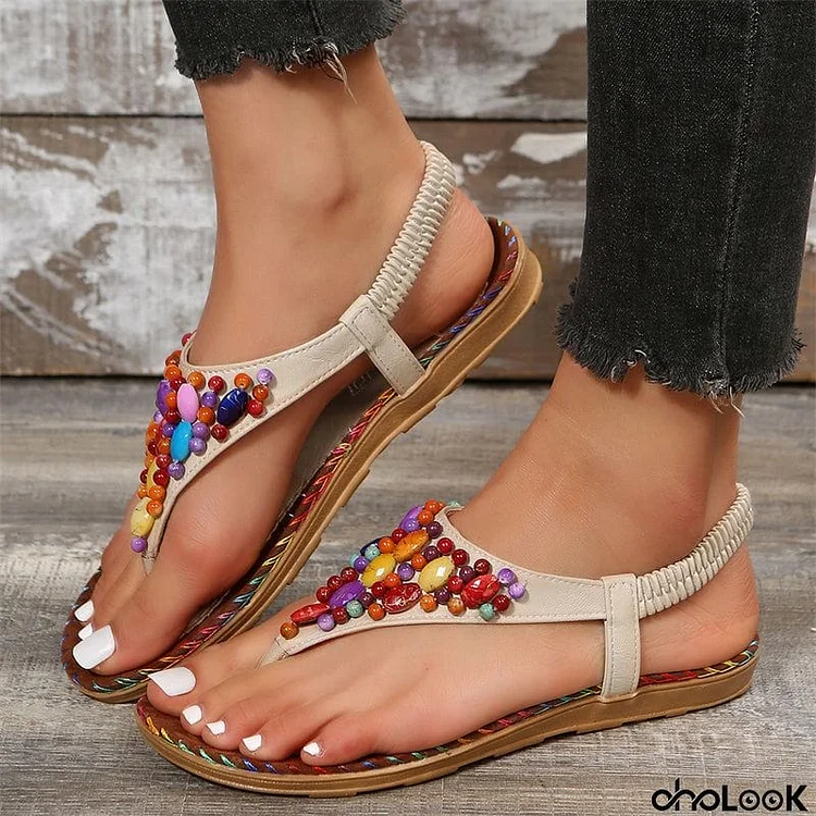 Women's Colorful Bead Flat Retro Beach Sandals