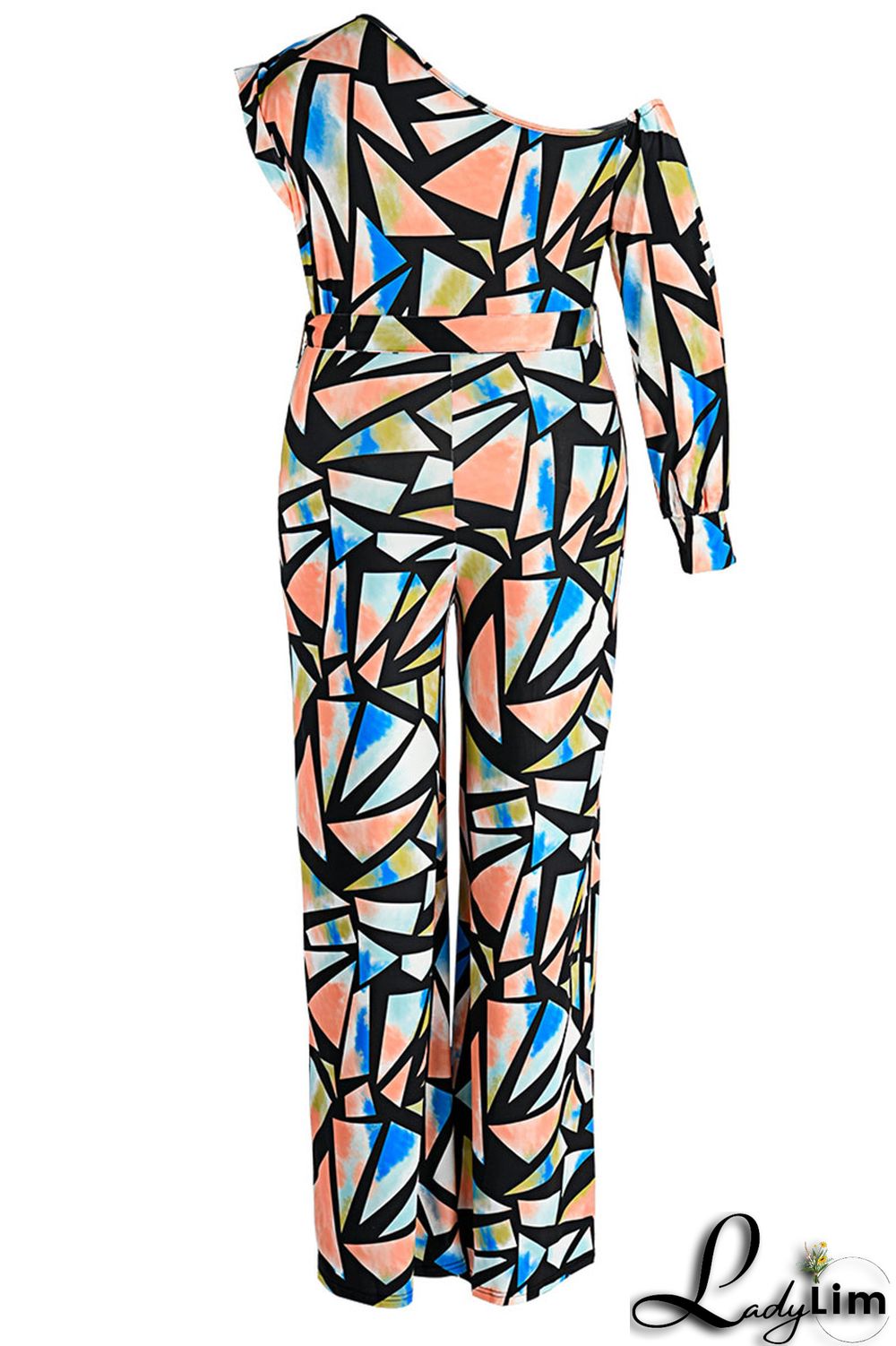 Blue Casual Print Split Joint Oblique Collar Plus Size Jumpsuits