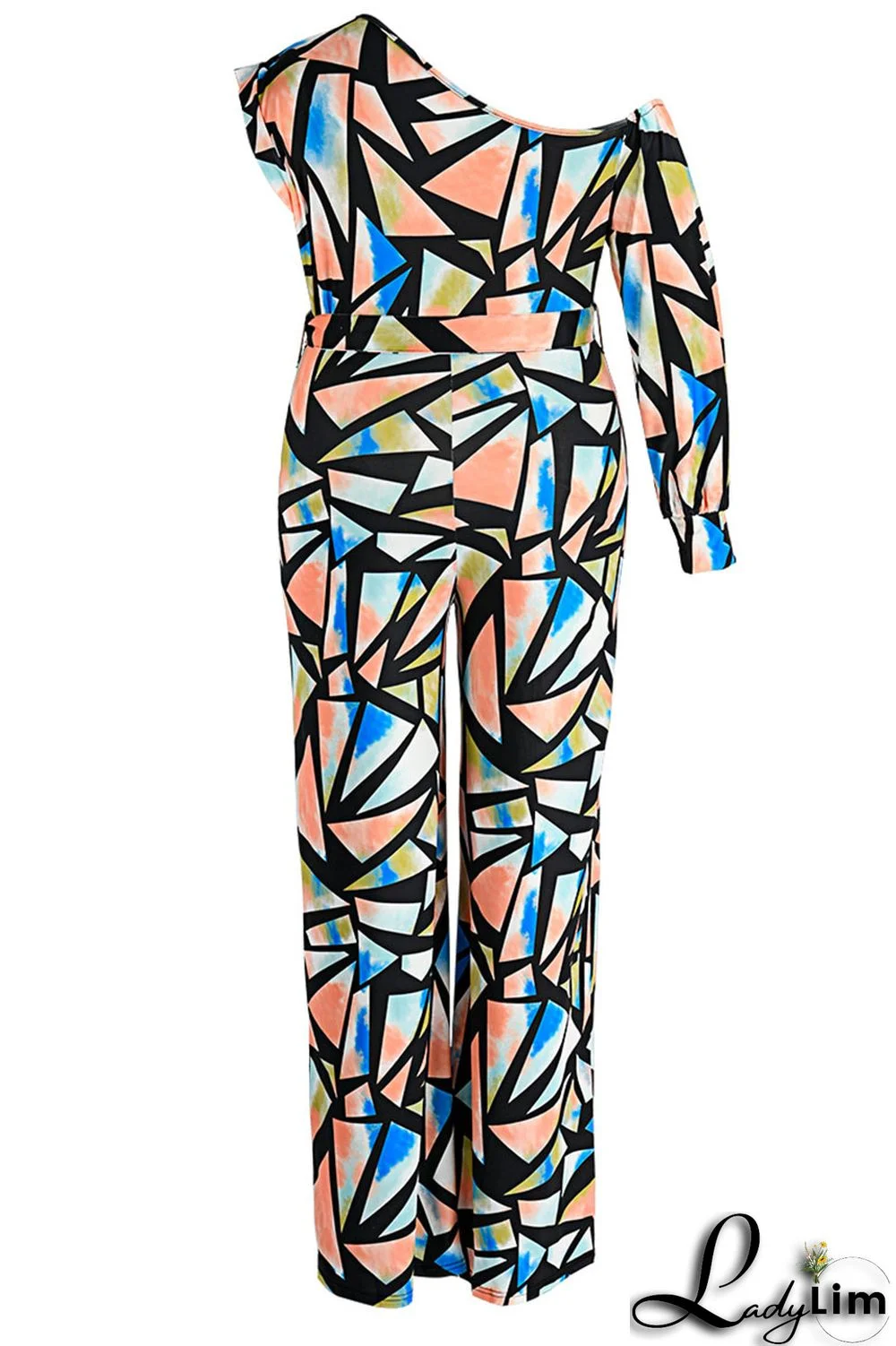 Blue Casual Print Split Joint Oblique Collar Plus Size Jumpsuits