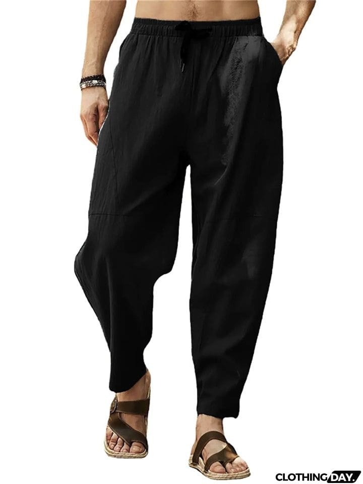 Men Loose Drawstring Casual Solid Color Pants