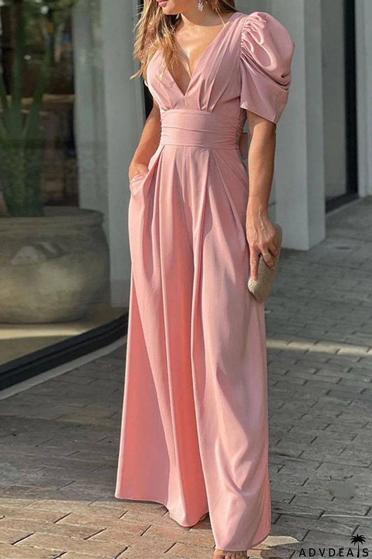 Elegant Solid Backless Solid Color V Neck Jumpsuits