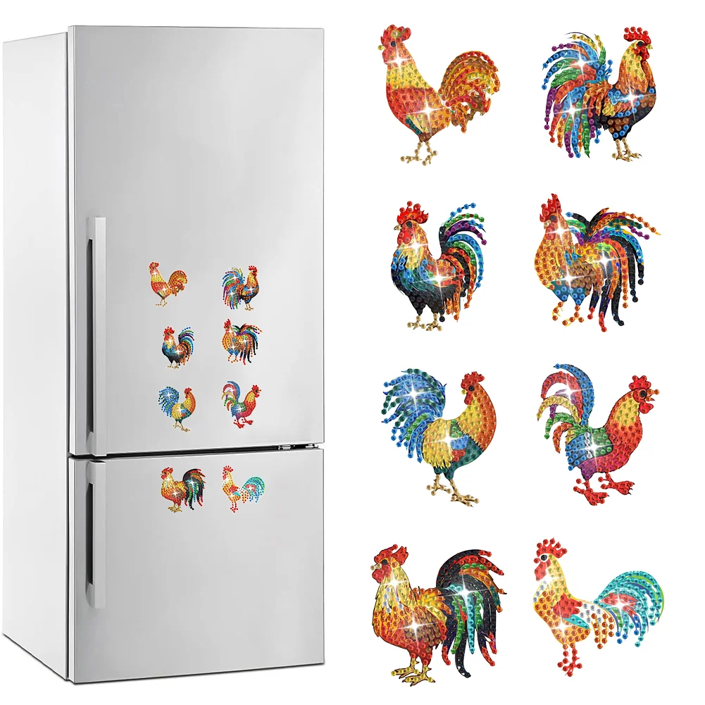 8 Pcs Rooster Special Shape Diamond Painting Fridge Magnet for Fridge Whiteboards