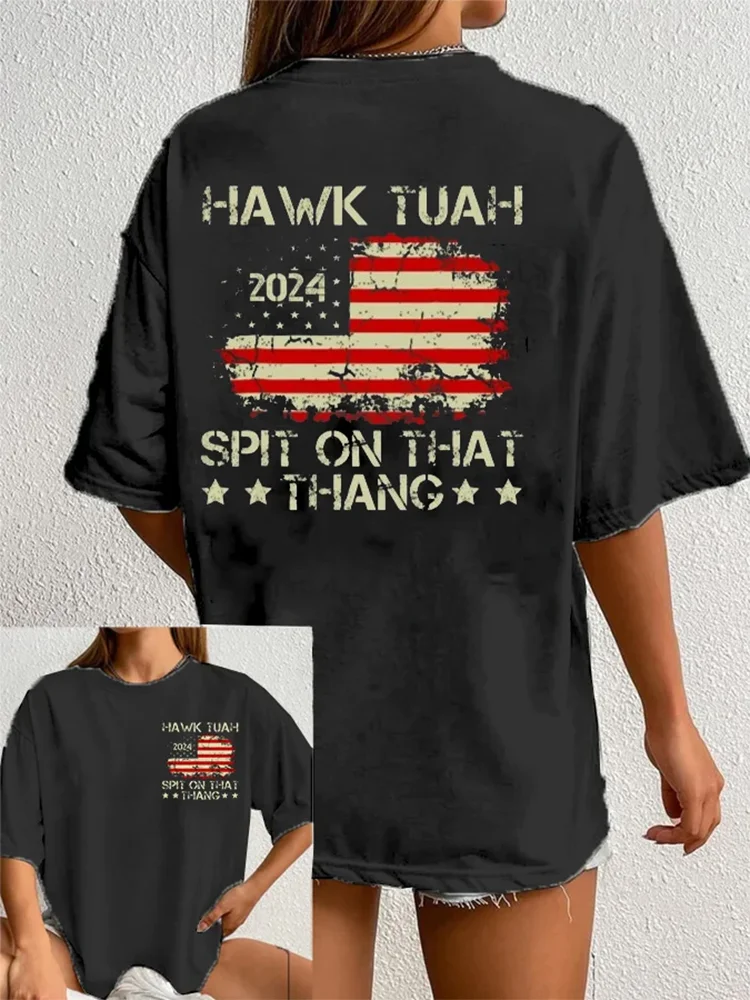 Women's Hawk Tuah America Flag Print Casual T-Shirt