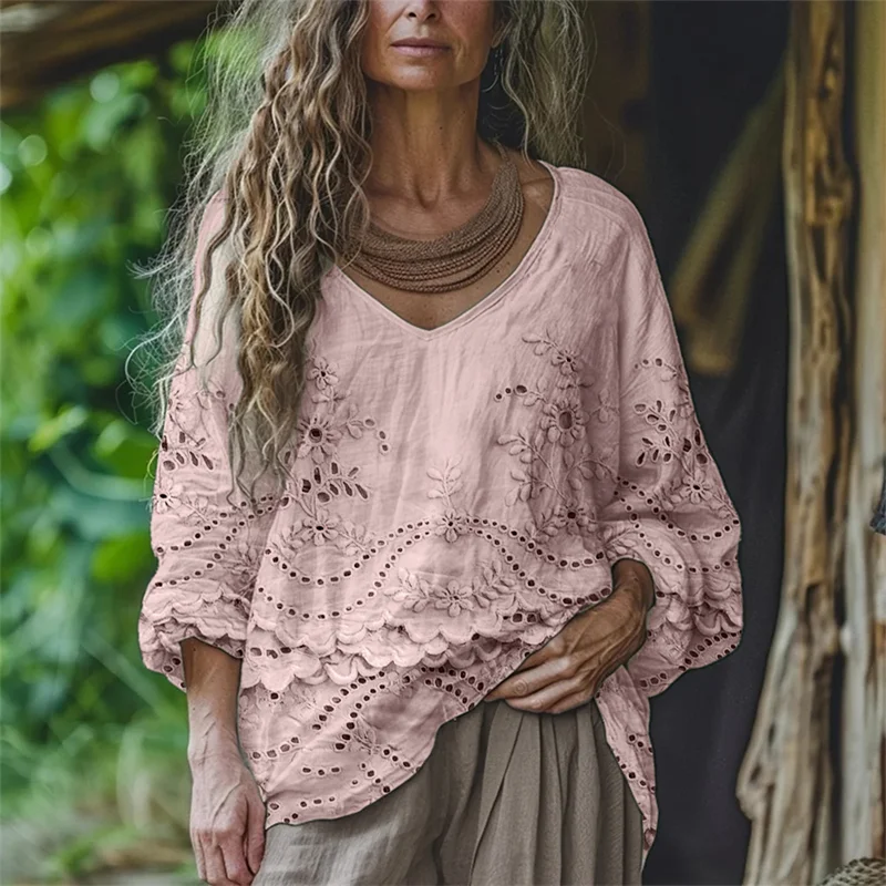 Cottage Floral Embroidered Lace Flowy Linen Tunic