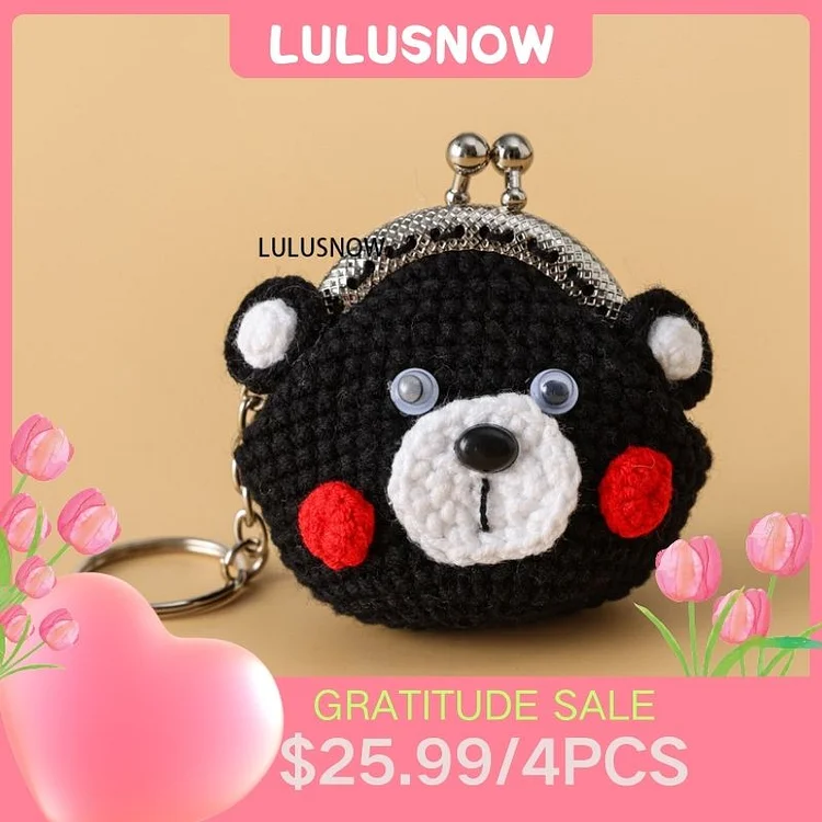 Lulusnow Handmade Black Bear ANIMAL CARTOON Small Money Pouch Crochet Coin Purse Keychain Bag Pendant Gift for Her/Friend/Kids/Christmas/Easter