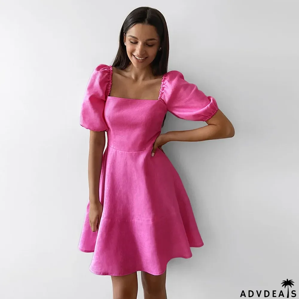 Spring Summer Solid Color Short Sleeve Square Neck Fairy Dress