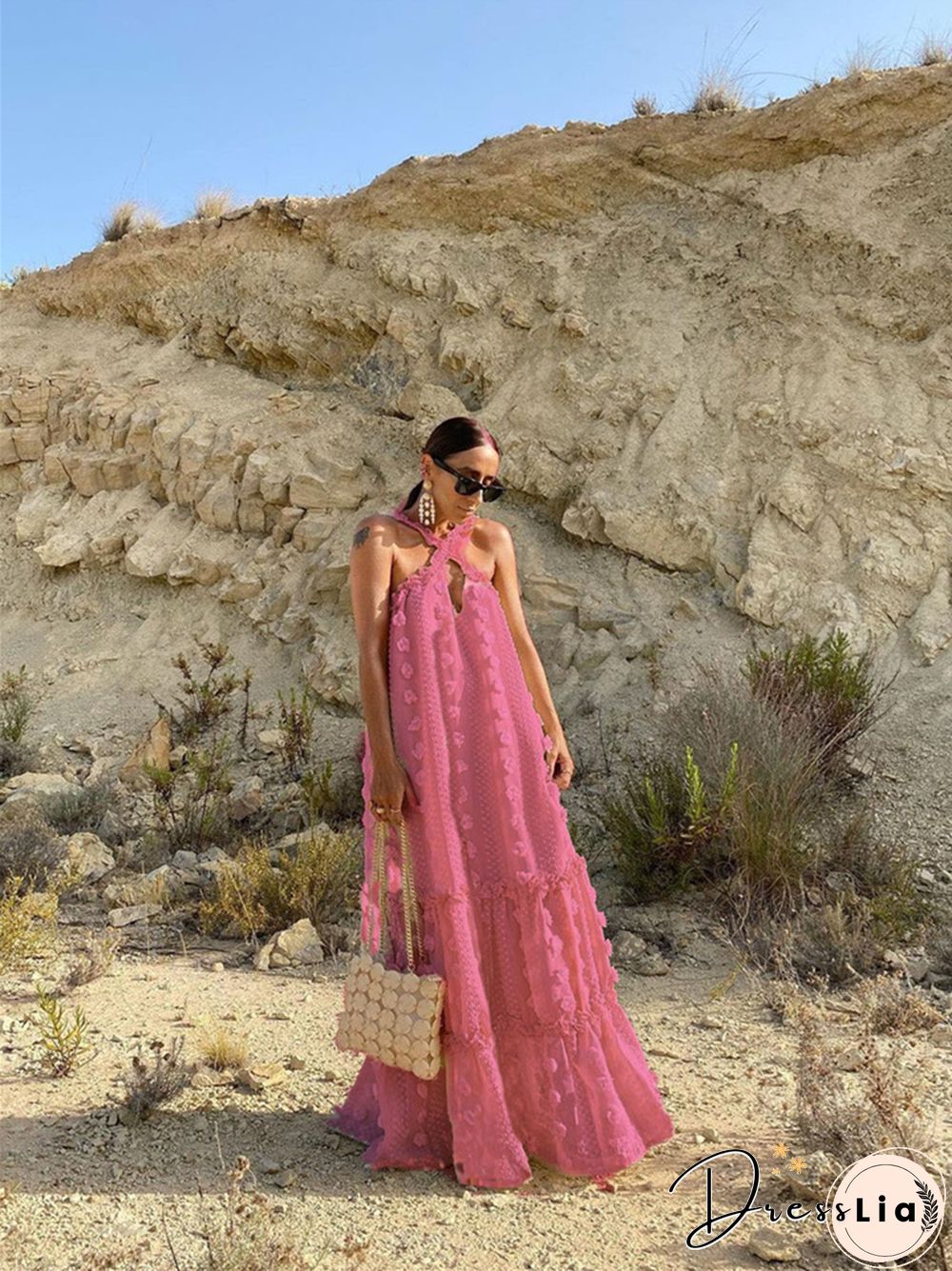 Fashion Neck Hanging Three-dimensional Flower Cake Long Dress