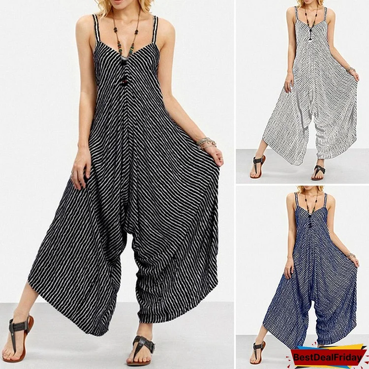 ZANZEA Long Black Rompers Women Jumpsuit Sexy Strapless Casual Striped Loose Overalls Oversized