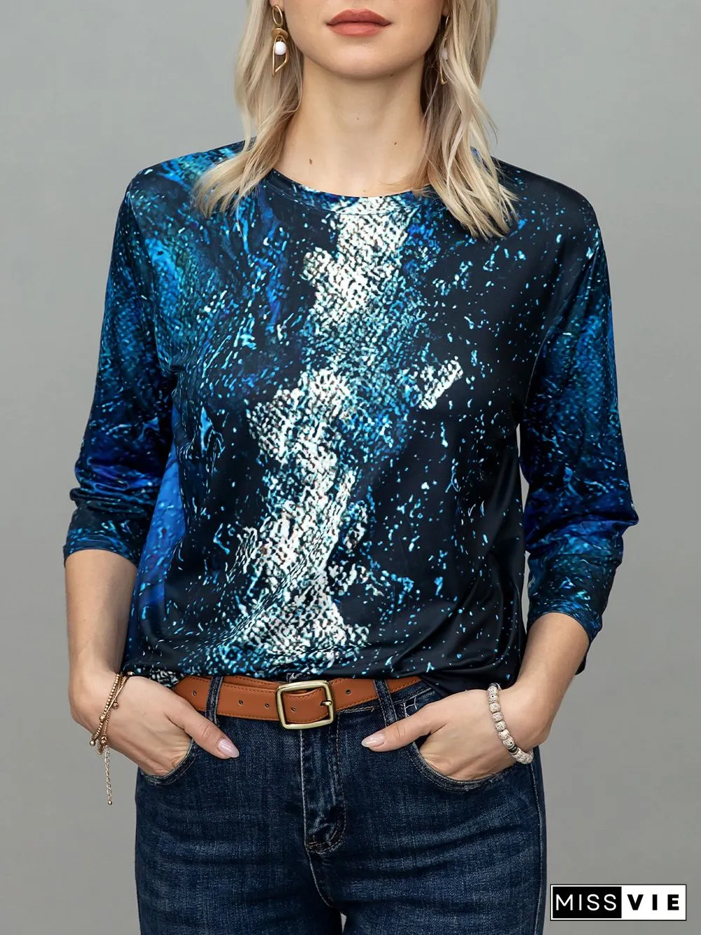Printed Long Sleeve Crew Neck Casual T-shirt