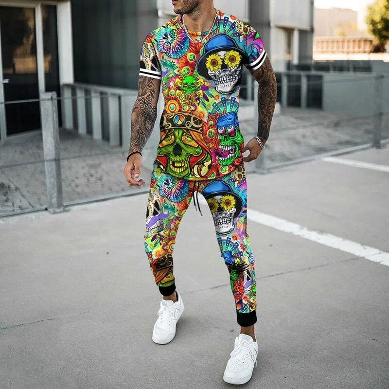 Men's personalized skull print two-piece suit