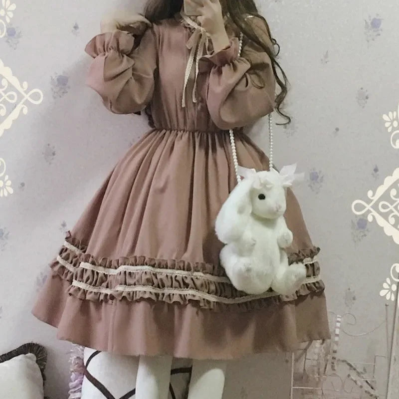 Aiertu 2024 Harajuku Japanese Kawaii Sweet Lolita Dresses Vintage Retro Party Femme Robe Bowknot Cute Cosplay Dress Aiertu