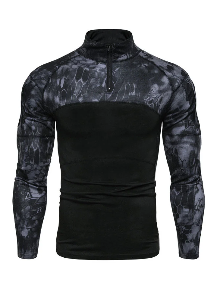 Men's Sports Pullover Printed Military Battlefield Outdoor Stretch Fitness Camouflage Long Sleeve T-Shirt Men's Zipper Pocket-Cosfine