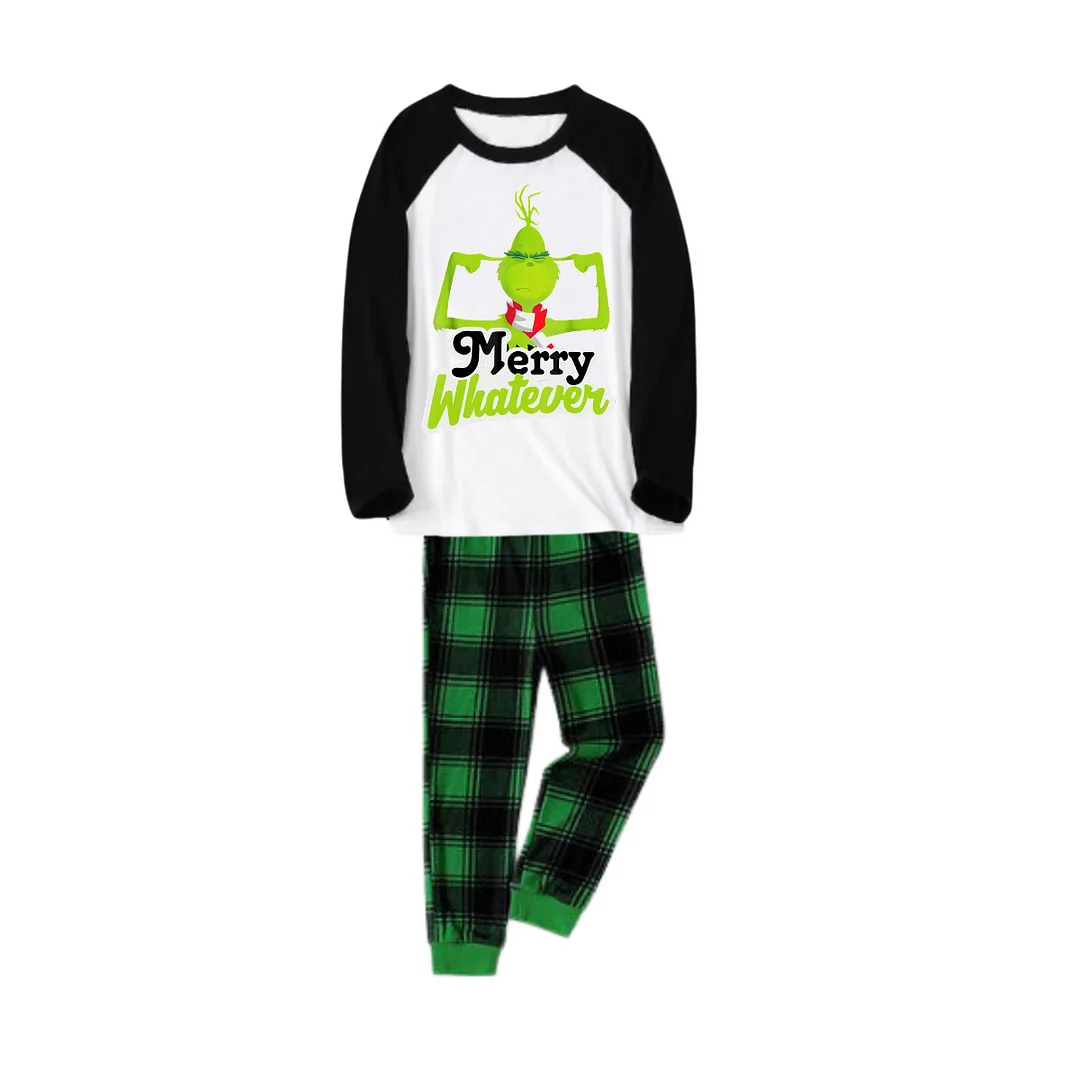 Funny Cartoon Pattern and "Merry Whatever" Printed Green and Black Plaid Christmas Family Pajamas