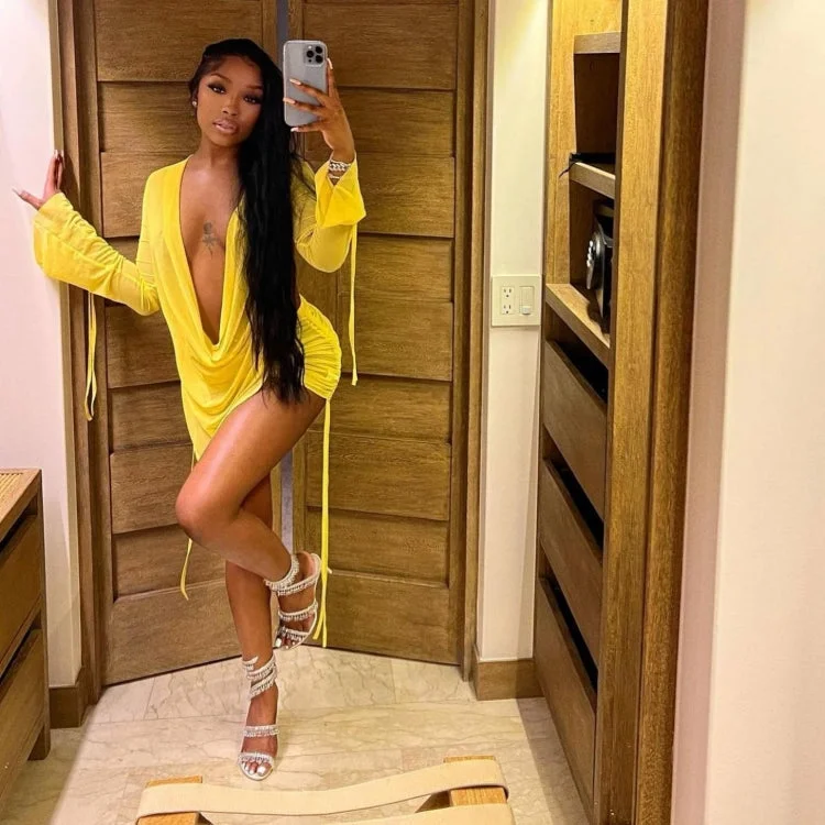 Summer Sexy Deep V-Neck Long Sleeve Top See ThroughTwo Piece Skirt Set