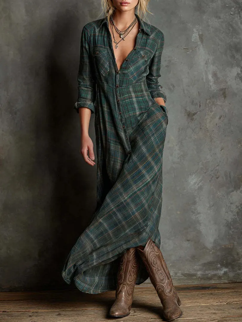 Women's Vintage Plaid Button Down Maxi Dress