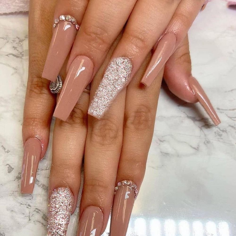 24Pcs Long Coffin Pink False Nails With Rhinestones French Ballerina Fake Nails Full Cover Nail Tips Press On Nails Detachable