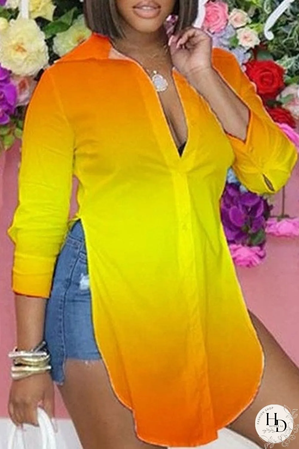 Black Pink Casual Print Patchwork Slit Turndown Collar Tops