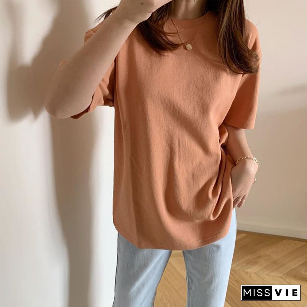 Basic Cotton T Shirt Women Summer New Solid Tees 7 Color Casual Loose Tshirt Korean O Neck Female Tops