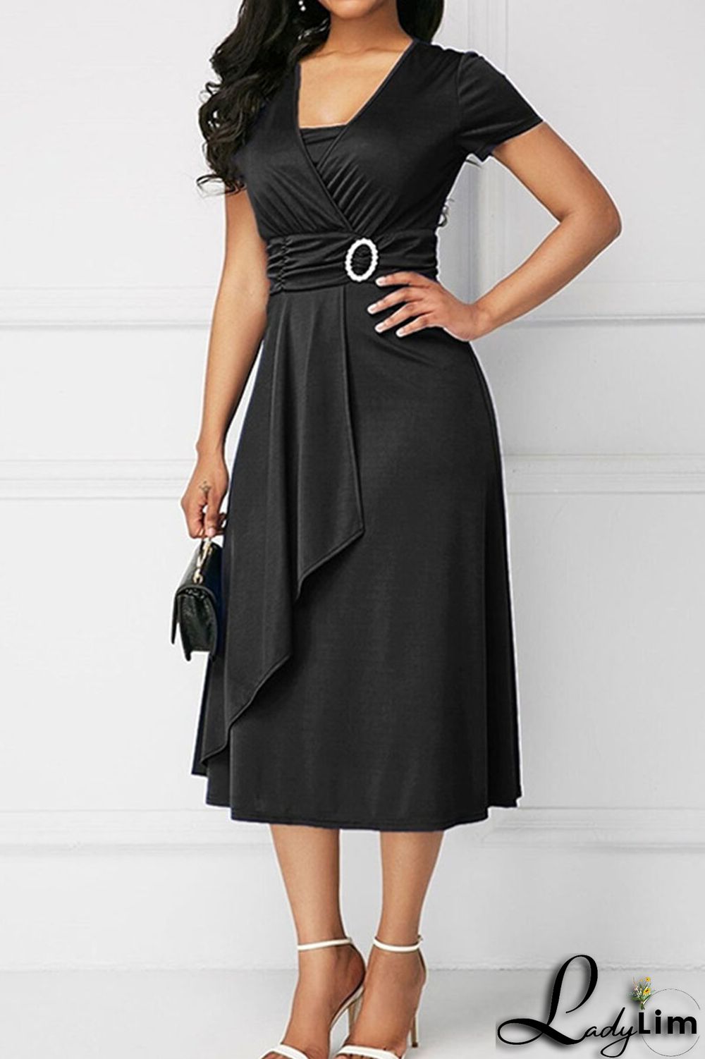 Blue Casual Solid Patchwork V Neck A Line Dresses