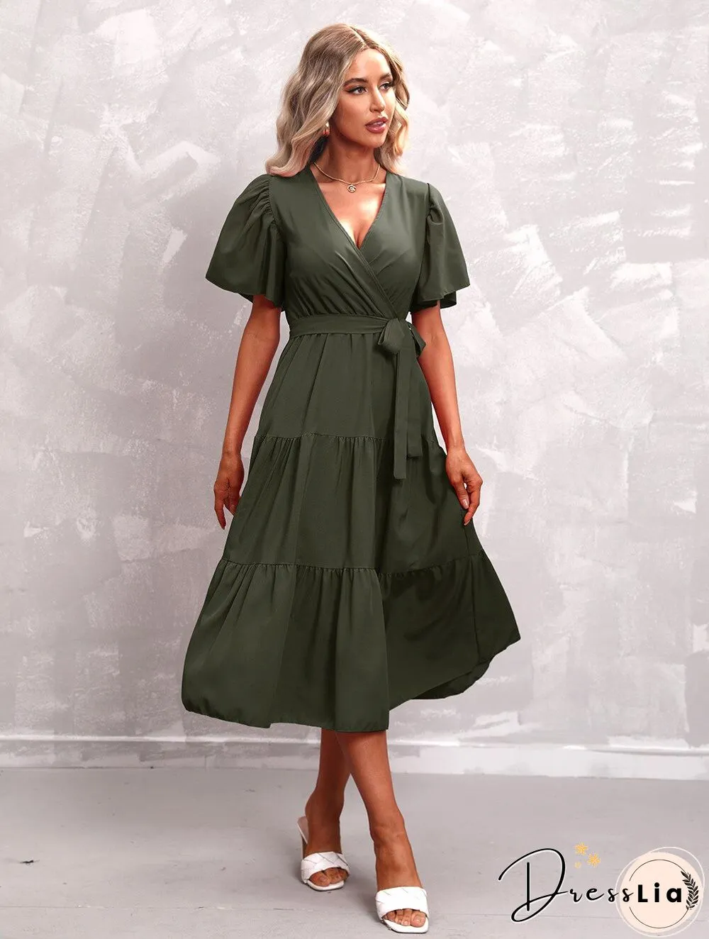 Elegant Womens Summer Dress & Casual Lace-Up Solid Color Neck High Waist Short Sleeve
