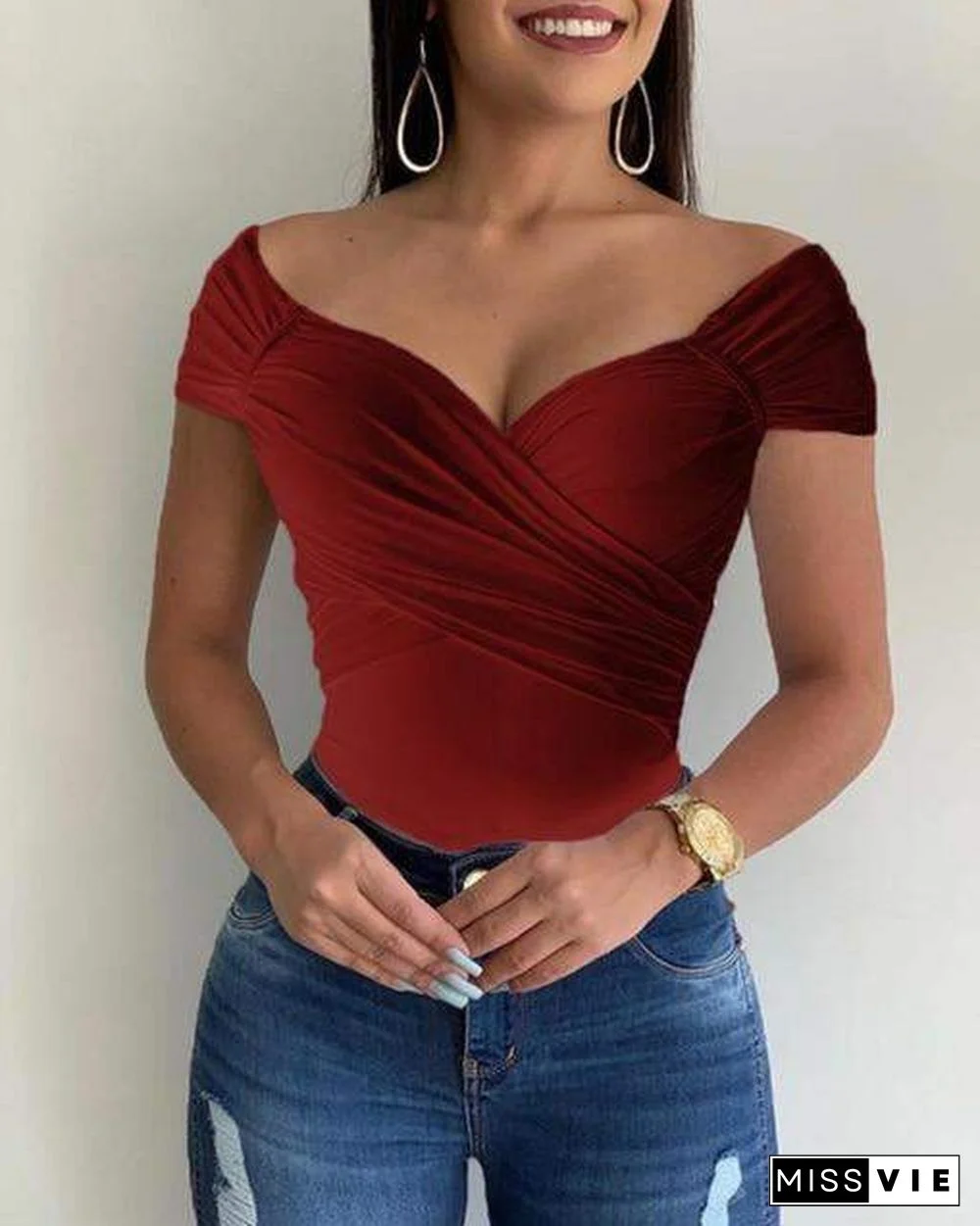 Blouse Women V Neck Shrot Sleeve Shirts Summer Elegant Office Ladies Slim Fit Off Shoulder Solid Color Womens Sexy Tops