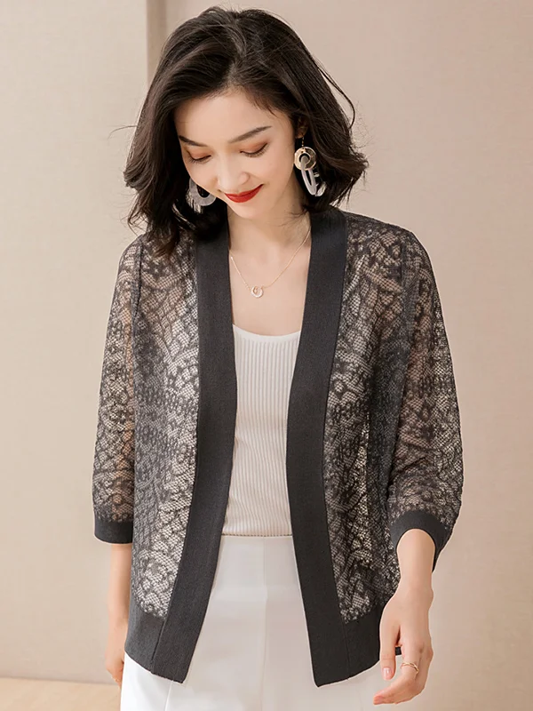 Vintage Solid Color Knitting Jacquard Hollow Cardigan Top