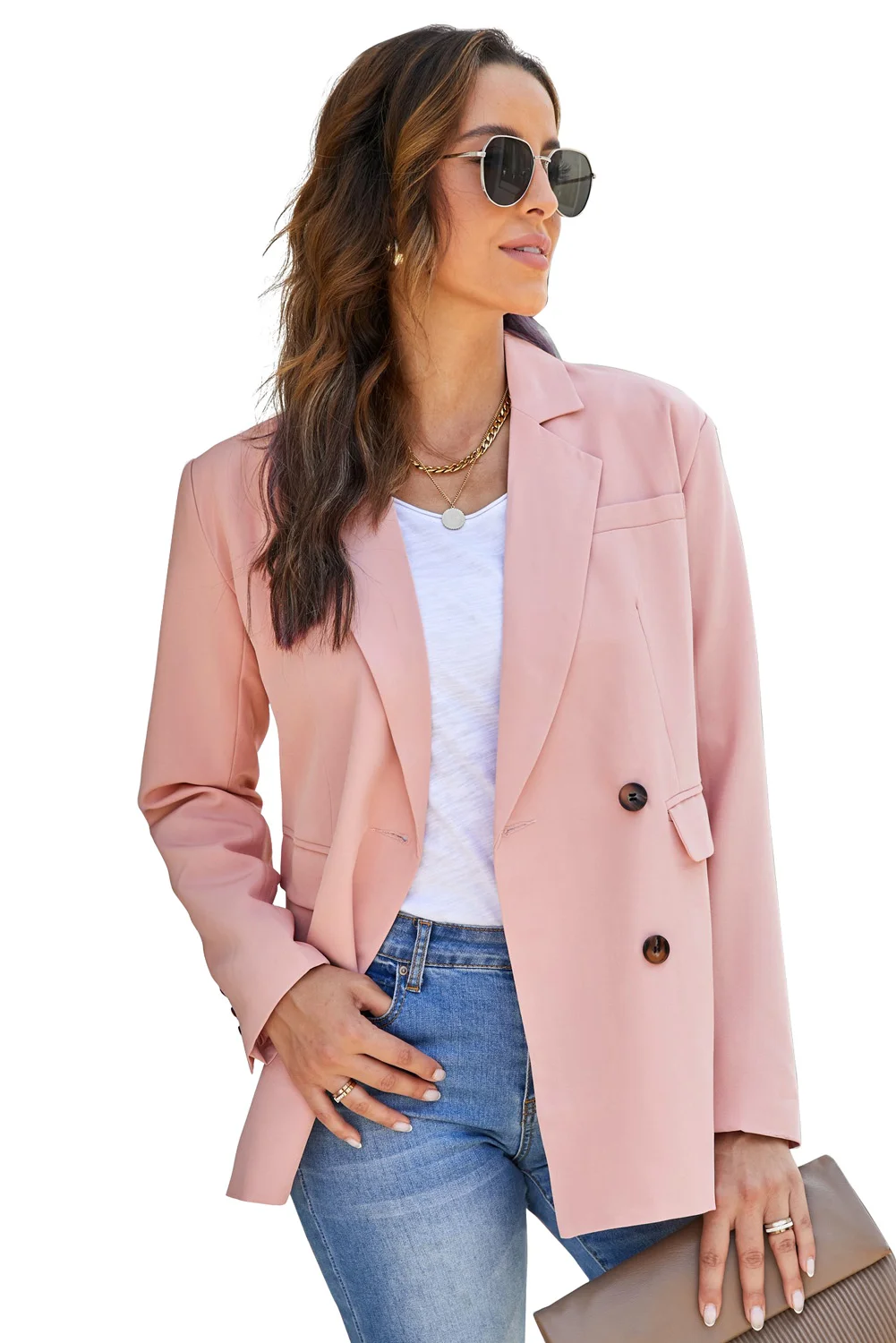 Pink Turn-Down Collar Buttons Blazer with Pockets