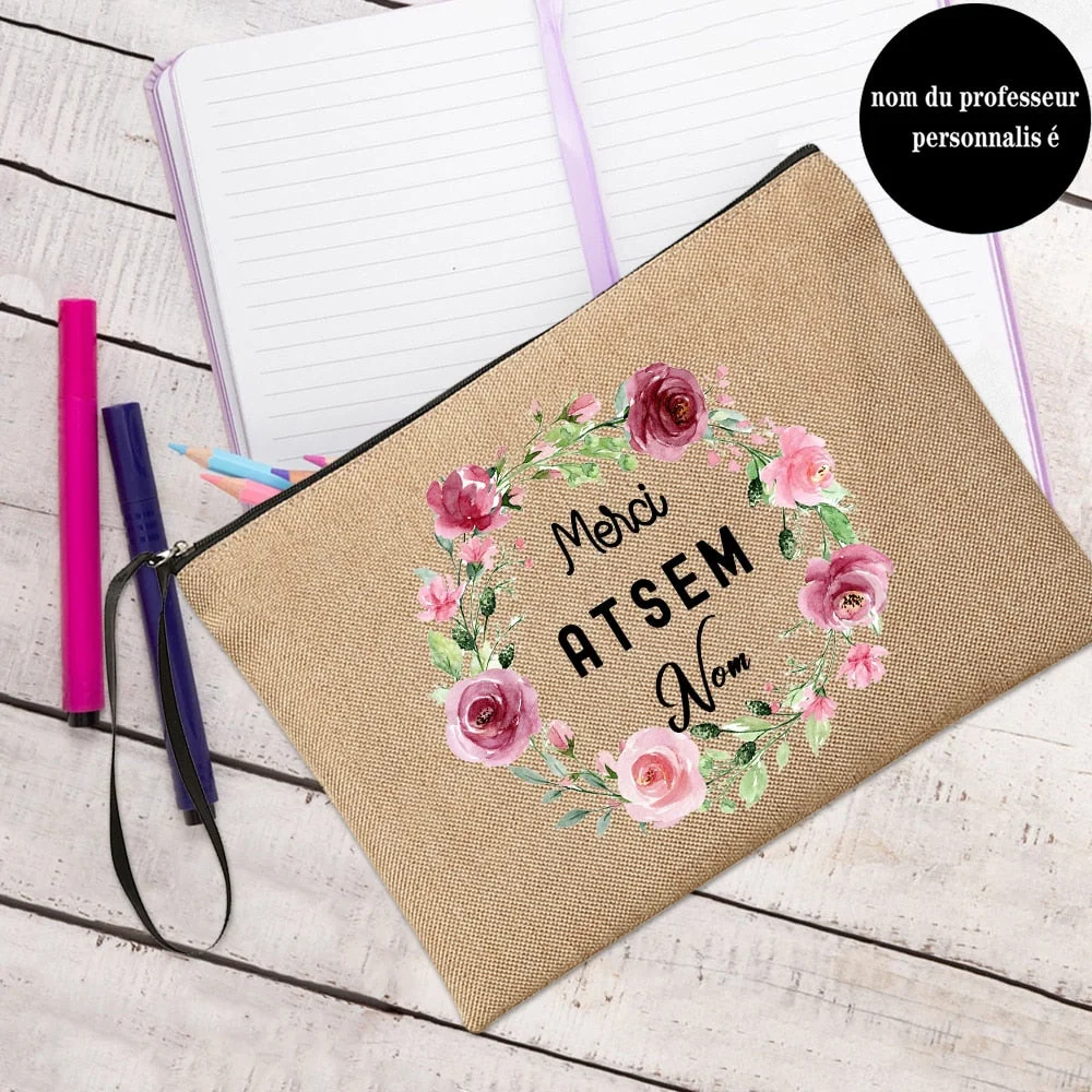 Thank You ATSEM with Name Personalised Teacher Pouch Merci ATSEM Teacher's Storage Bag Cosmetic Purse Gift for Teachers