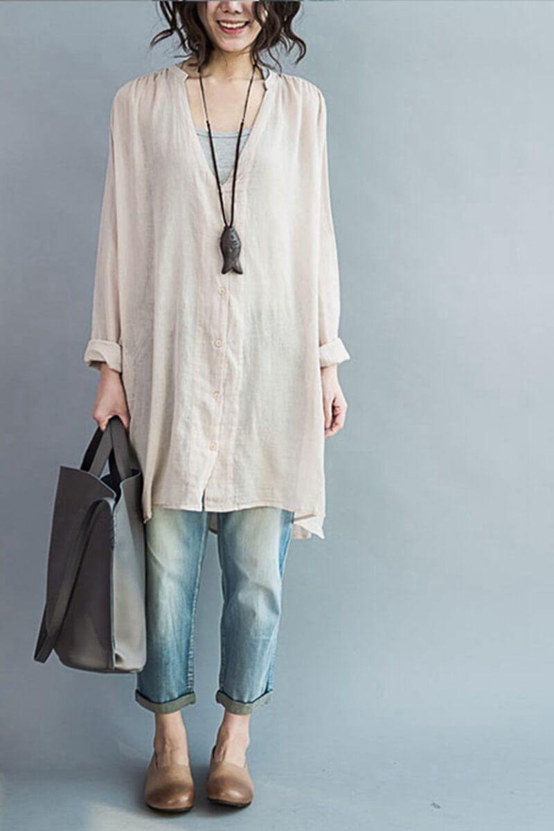 VCSHOES Loose Long V-neck Cotton Shirt Women Clothes