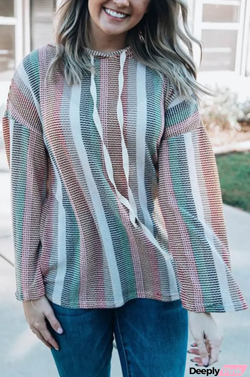 Multicolor Striped Drop Shoulder Textured Knit Hoodie
