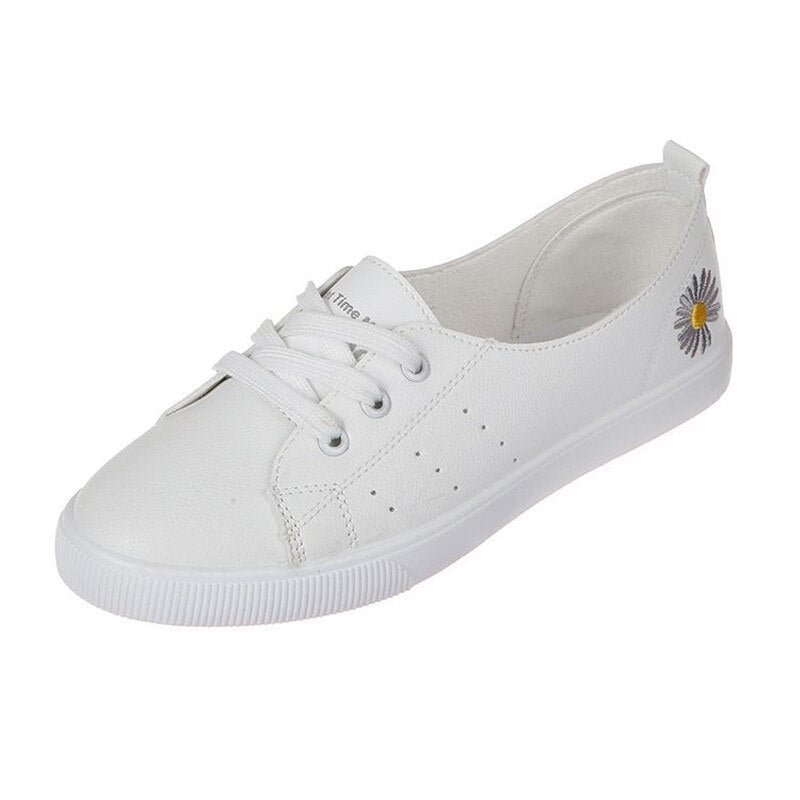 Casual Shoes Women Sneakers Fashion Embroidery Lightweight Lace Up Loafers Lady Classic White Walking Shoes School Student Flats